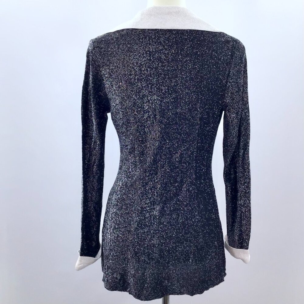 Vintage 1970s Disco Top Women's 10 Black White Metallic Butterfly Collar Retro - Picture 8 of 12